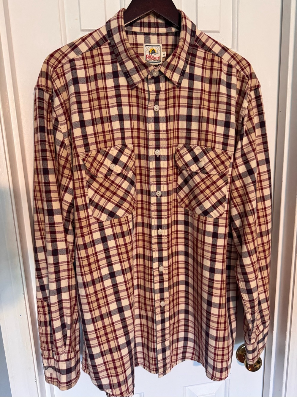 Pendleton (Surf Pendleton) Cream, Burgundy & Navy Plaid Button-Down Shirt, XL
